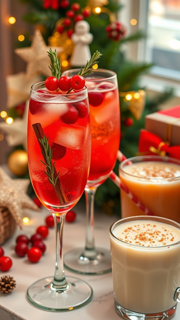 A variety of Christmas cocktails including cranberry sparkler, spiced apple cider, and eggnog, set against a festive backdrop.